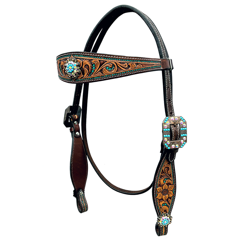Concho Sunflower Floral Hand Carved  Horse Western Leather Headstall Brown