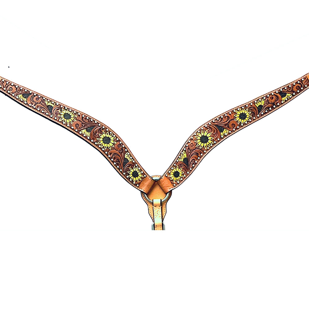 Sunflower Floral Hand Carved And Painted Horse Western Leather Breast Collar  Tan