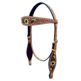 Sunflower Floral Hand Carved And Painted Horse Western Leather Headstall Tan