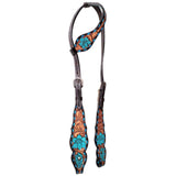 Turquoise Floral Hand Painted And Carved Horse Western Leather One Ear Headstall