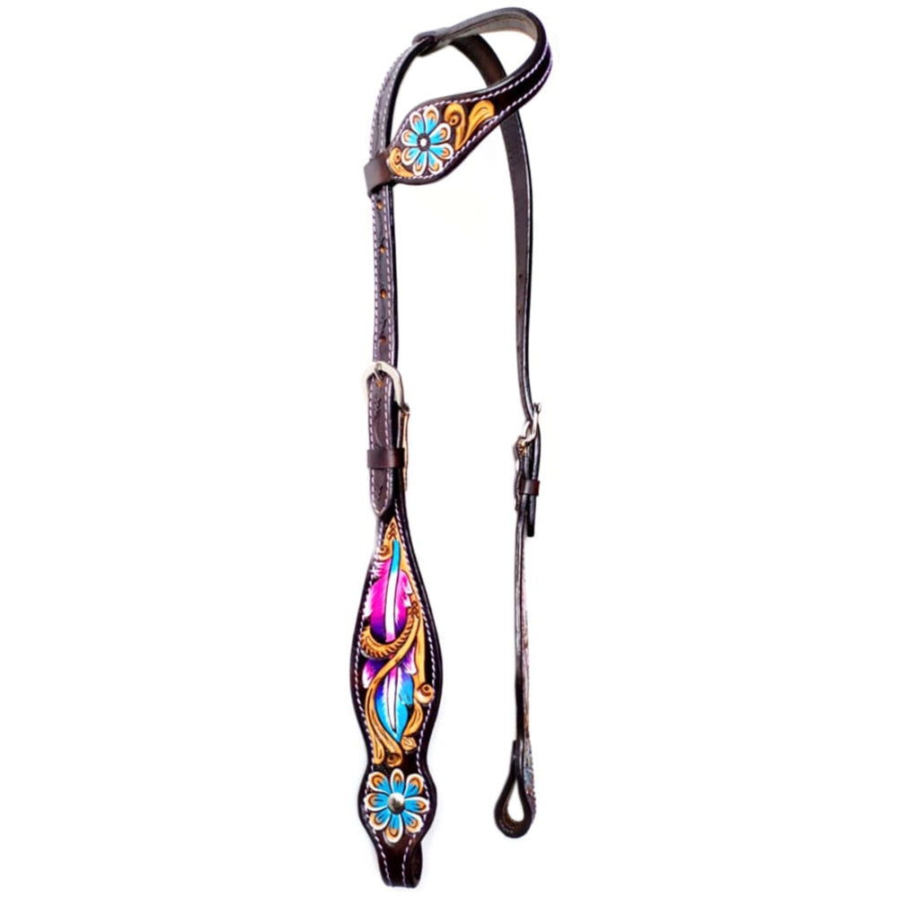 Feather Floral Hand Painted Horse  Western Leather One Ear Headstall