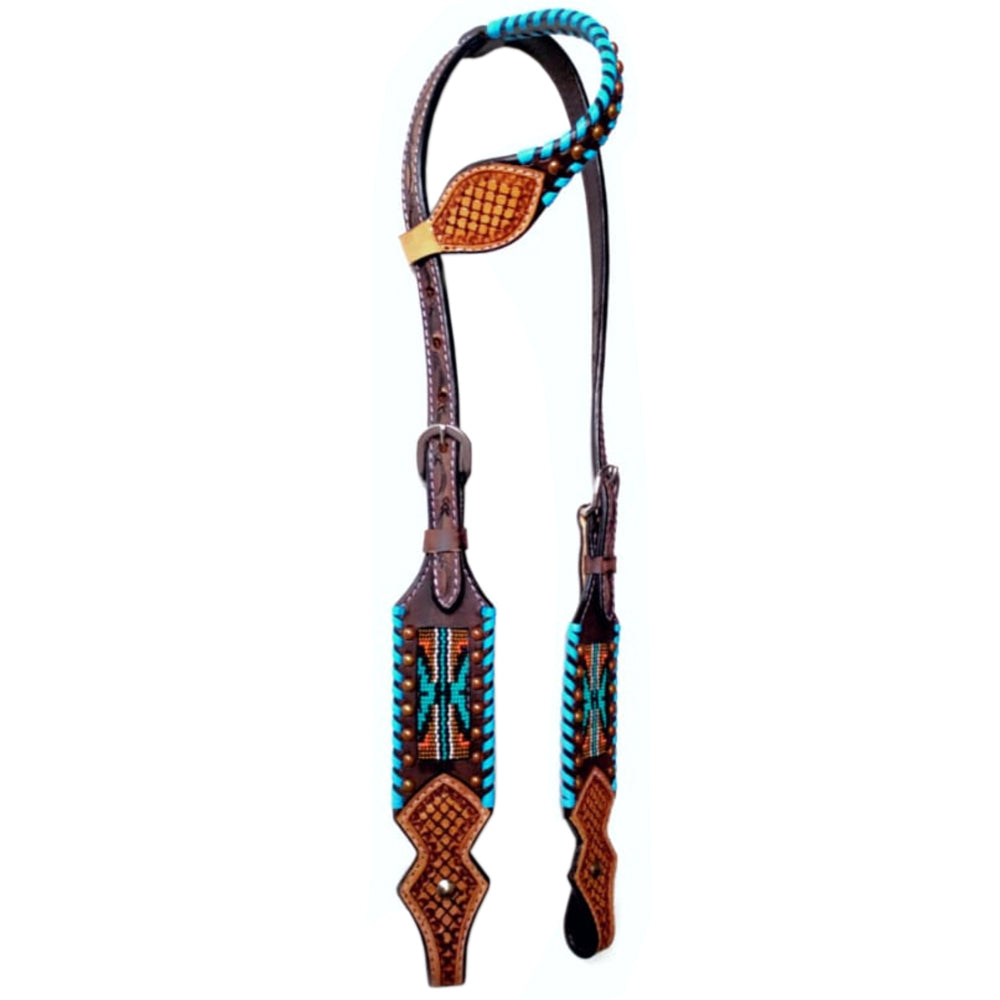 Turquoise Buckstitch Beaded Hand Carved Western Leather One Ear Headstall Brown